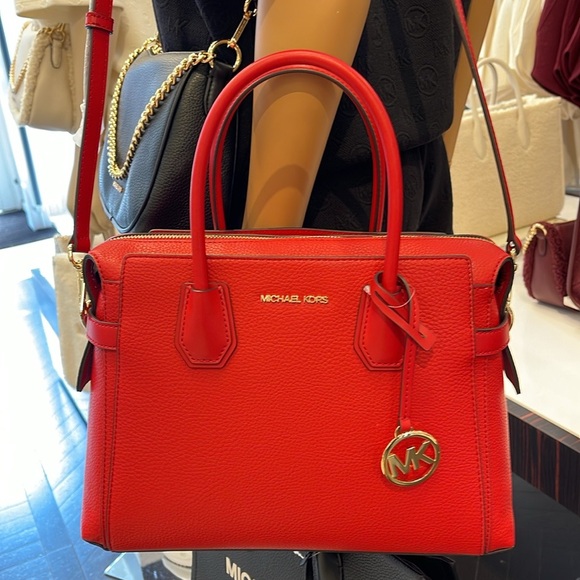 Michael Kors Mercer Medium Top-Zip Belted Satchel Crossbody Purse 
BRIGHT RED
NW - Picture 11 of 16